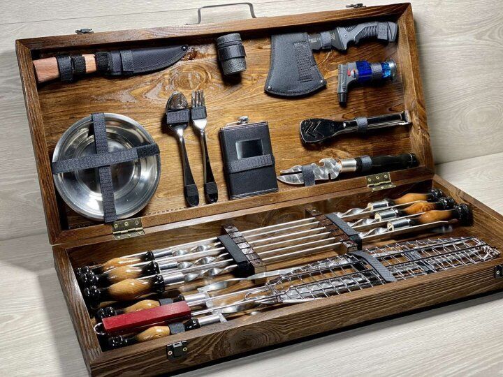 Exclusive Handmade Camping set skewers Tool BBQ Grill with Wood case NEW GIFT