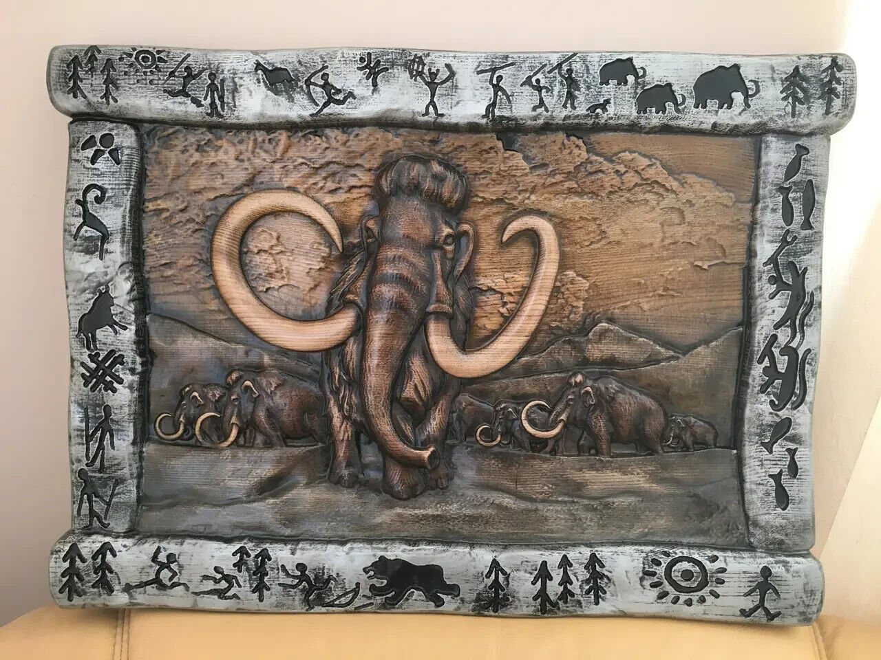 Mammoth Large Wood Carving Picture 3D Handmade Gift Panno Wall Decor