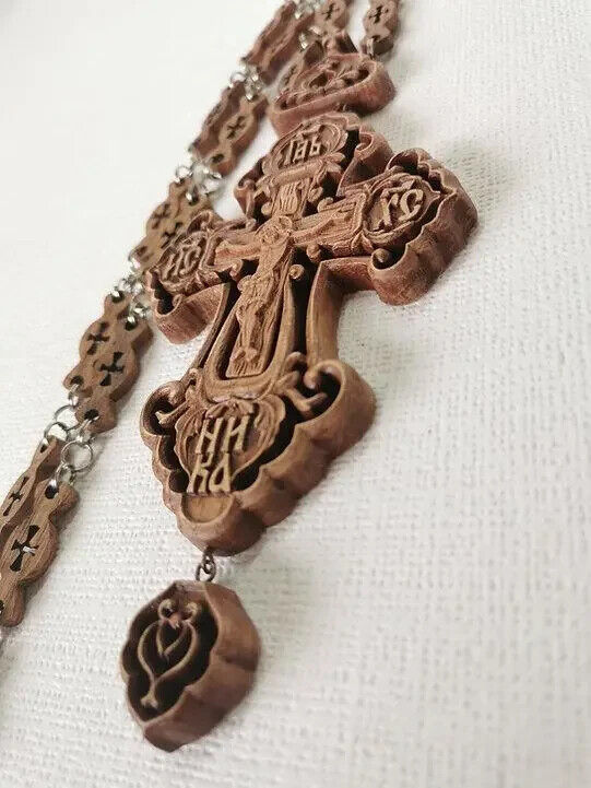 Orthodox Priest Pectoral Cross Priestly w/ Chain Carved Wooden Crucifx Religious