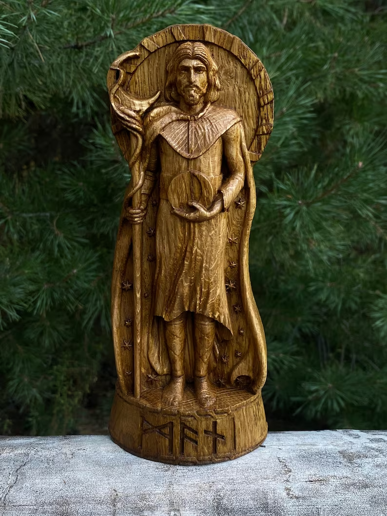 Mani God viking Wood carved statue Pagan paganism Altar sculpture pantheon Gift