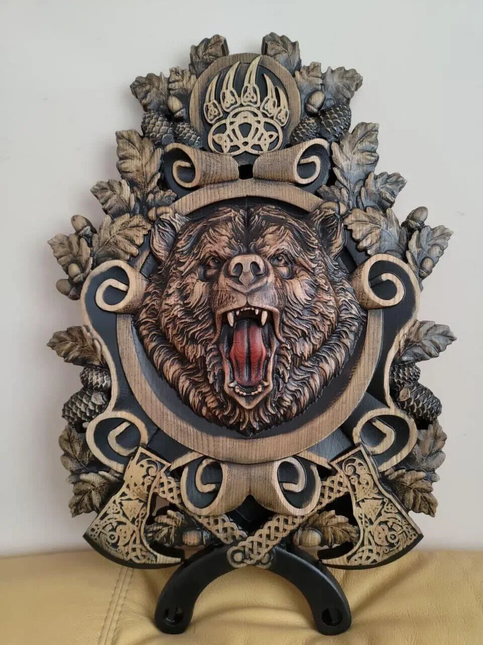 Bear Hunting Large Wood Carving Picture Gun 3D Art Work Gift Panno Wall Decor