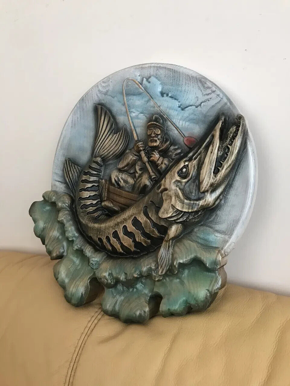Fishing Fish Pike Large Wood Carving Picture 3D Handmade Gift Panno Wall Decor
