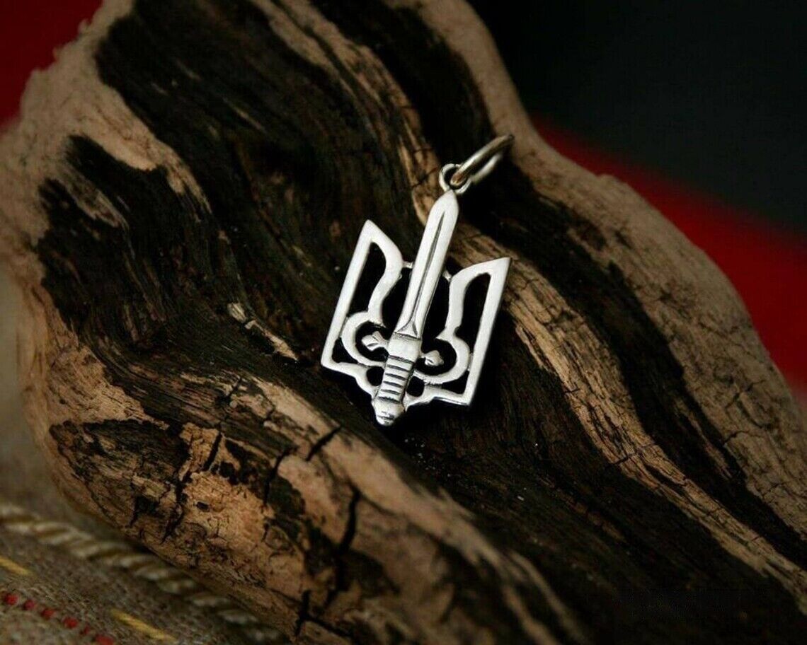 Sword Tryzub Silver Pendant Ukrainian Trident Necklace Sterling Cord Silver 925