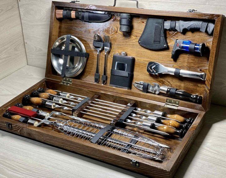 Exclusive Handmade Camping set skewers Tool BBQ Grill with Wood case NEW GIFT