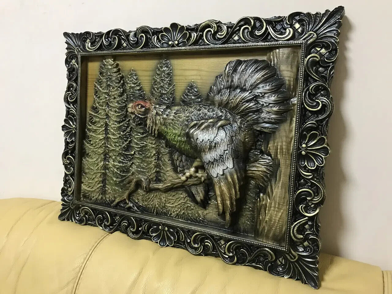 Grouse Hunting Large Wood Carving Picture Gun 3D Handmade Gift Panno Wall Decor