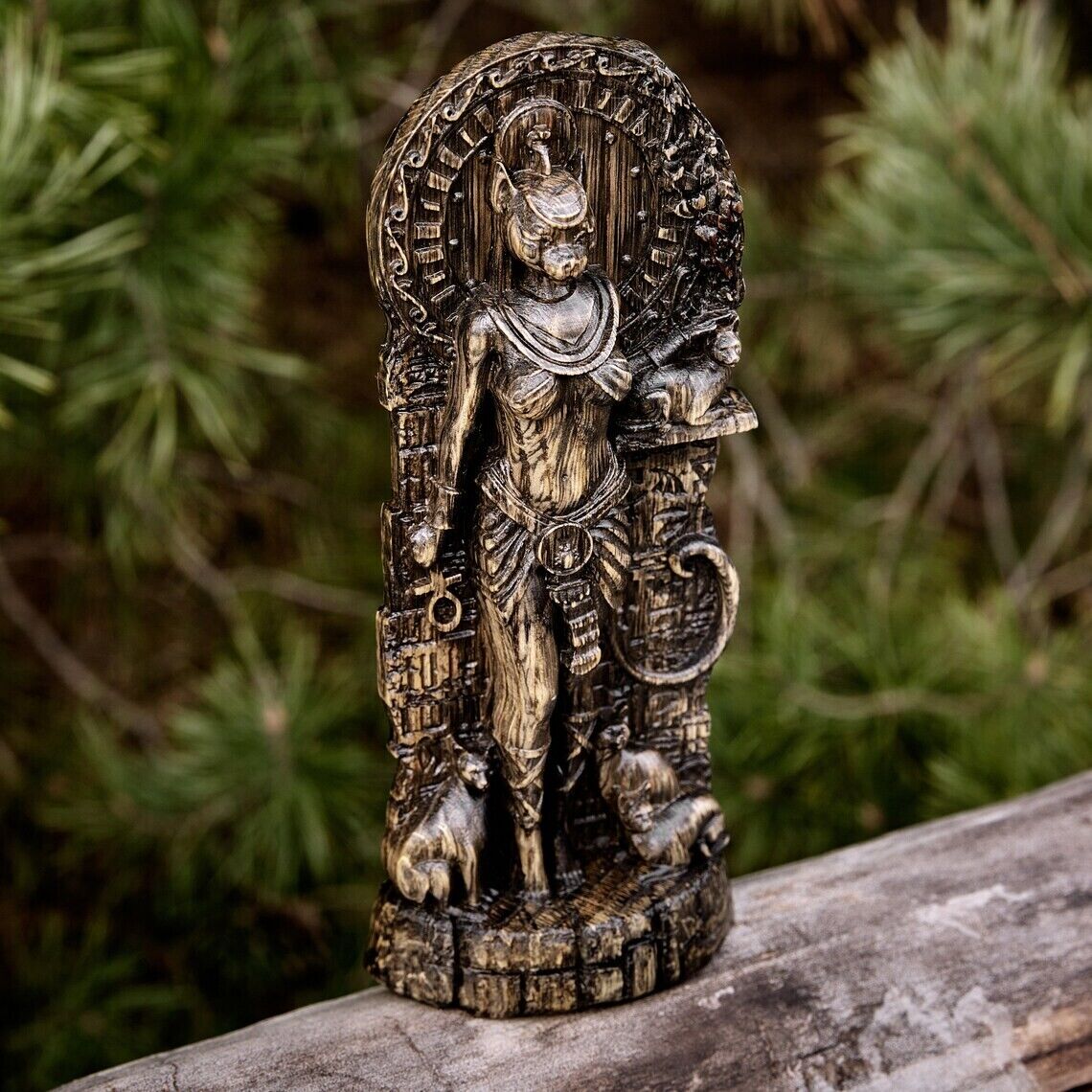 Bastet statue, Cat Goddess Egyptian gods, Wood carved altar Pagan paganism Wicca