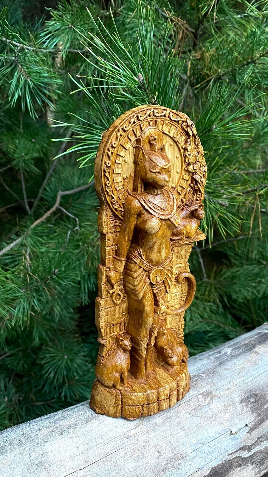 Bastet statue, Cat Goddess Egyptian, Wood carved Altar sculpture Feminine Wisdom