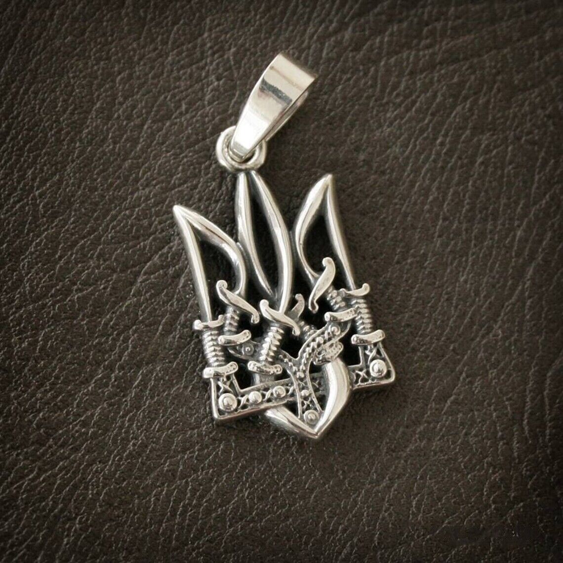 Men Tryzub Silver Pendant Ukrainian Trident Necklace Sterling UA Cord Silver 925