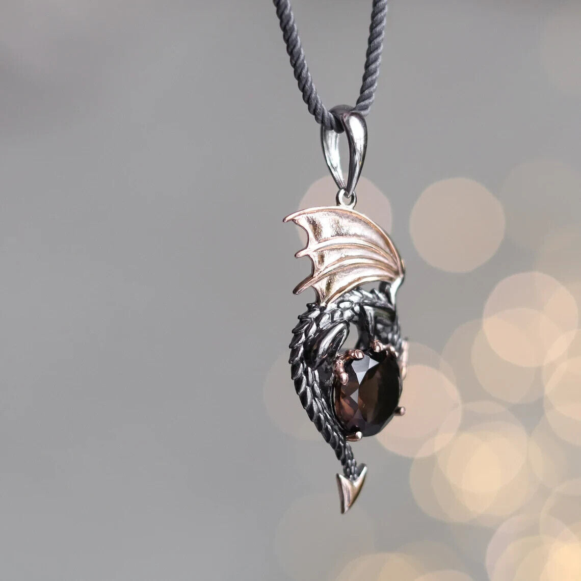 Dragon Smoky Quartz Fantasy Necklace Pendant Charm Sterling Silver 925