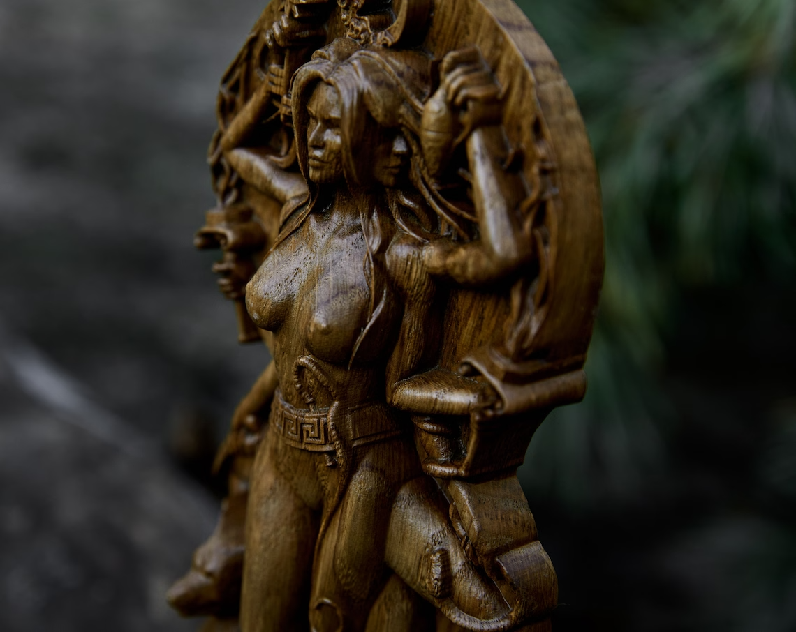 Amazing Hekate statue, Greek Goddess Wood Carved Figurine Wooden New Gift