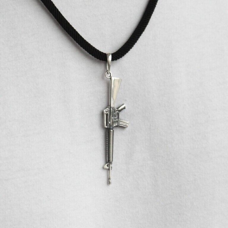 Machine Gun M16 Silver 925 Pendant Necklace Military Excellent Charm