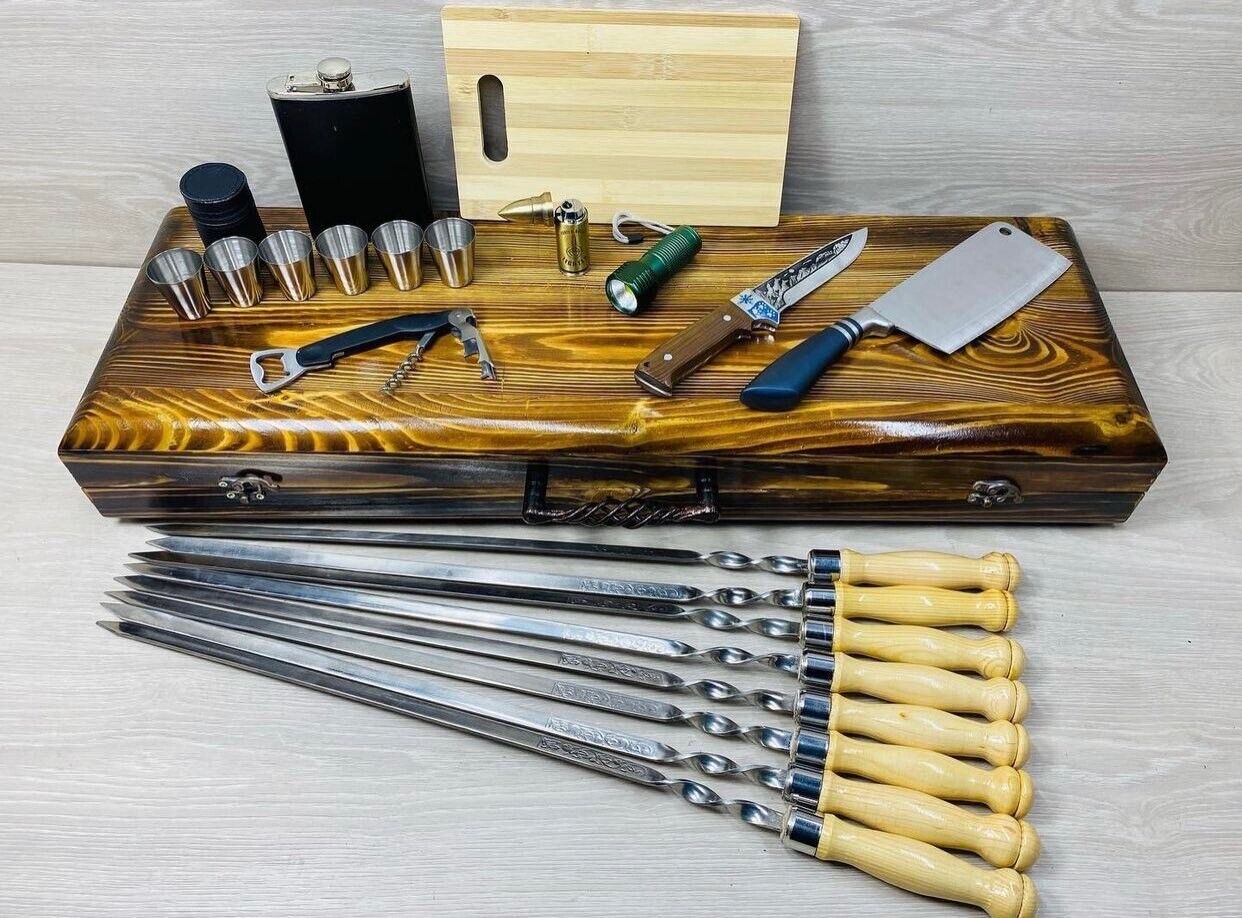 Exclusive Handmade Camping set skewers Tool BBQ Grill with wood case NEW GIFT