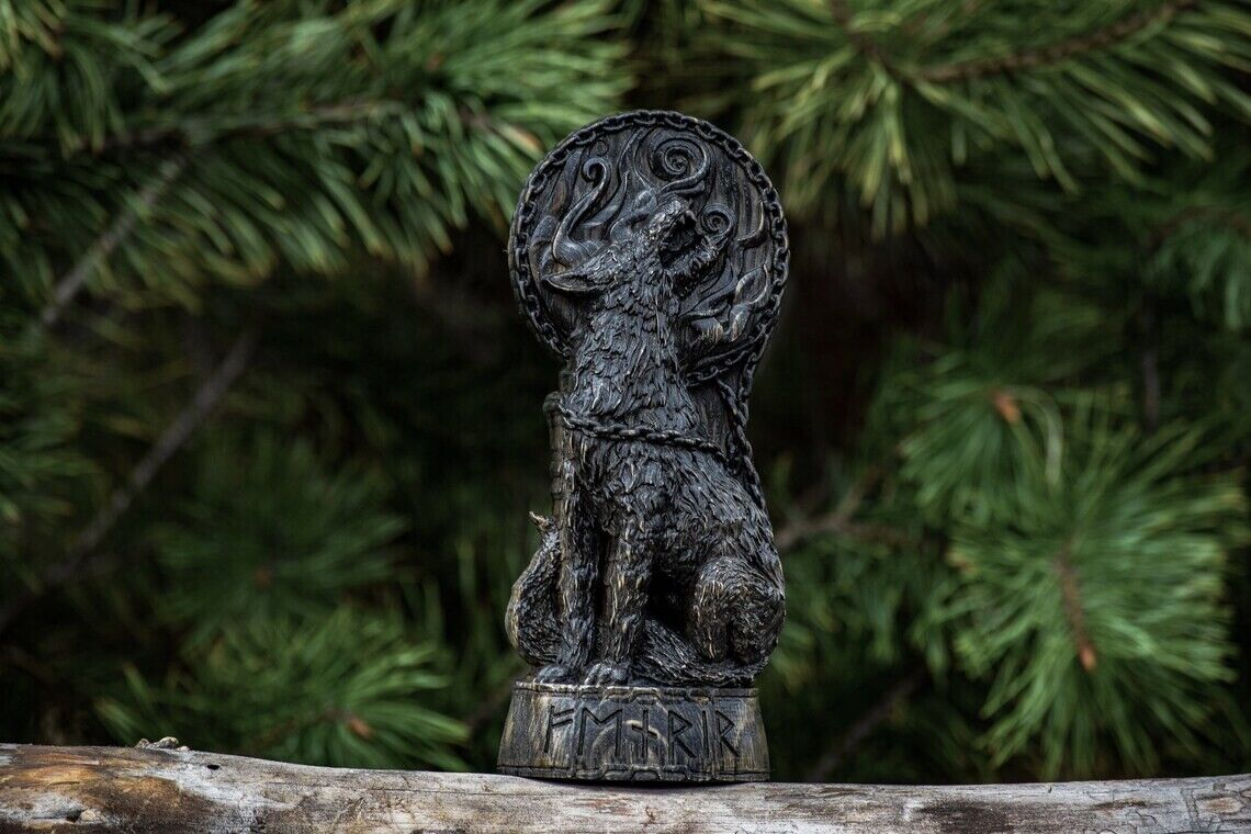 Fenrir Wolf Wooden altar statue Viking Nordic Pagan Decor Carved Figurine Gift