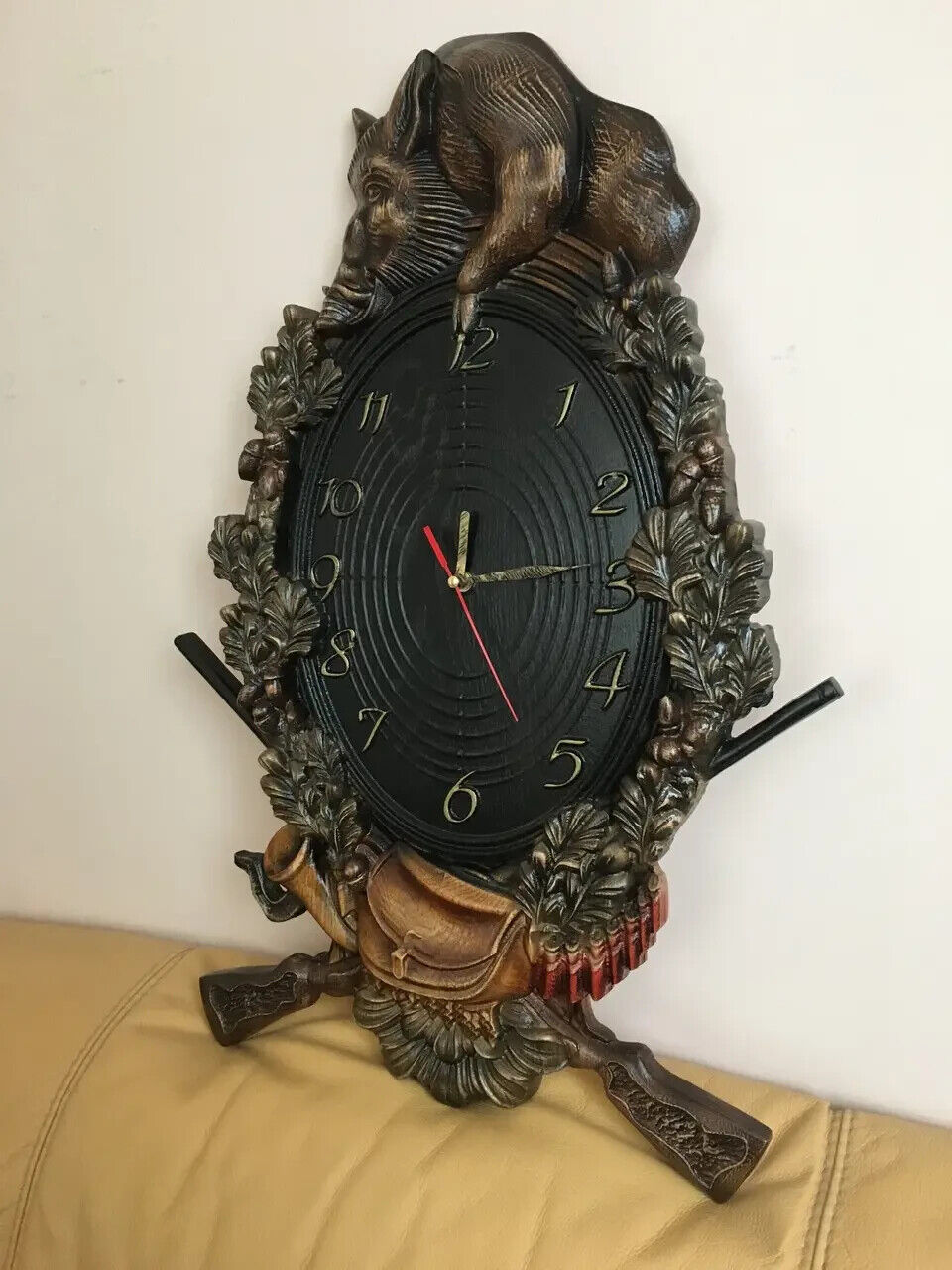 Boar Hunting Clock Wood Carving Picture Gun 3D Art Work Gift Panno Wall Decor