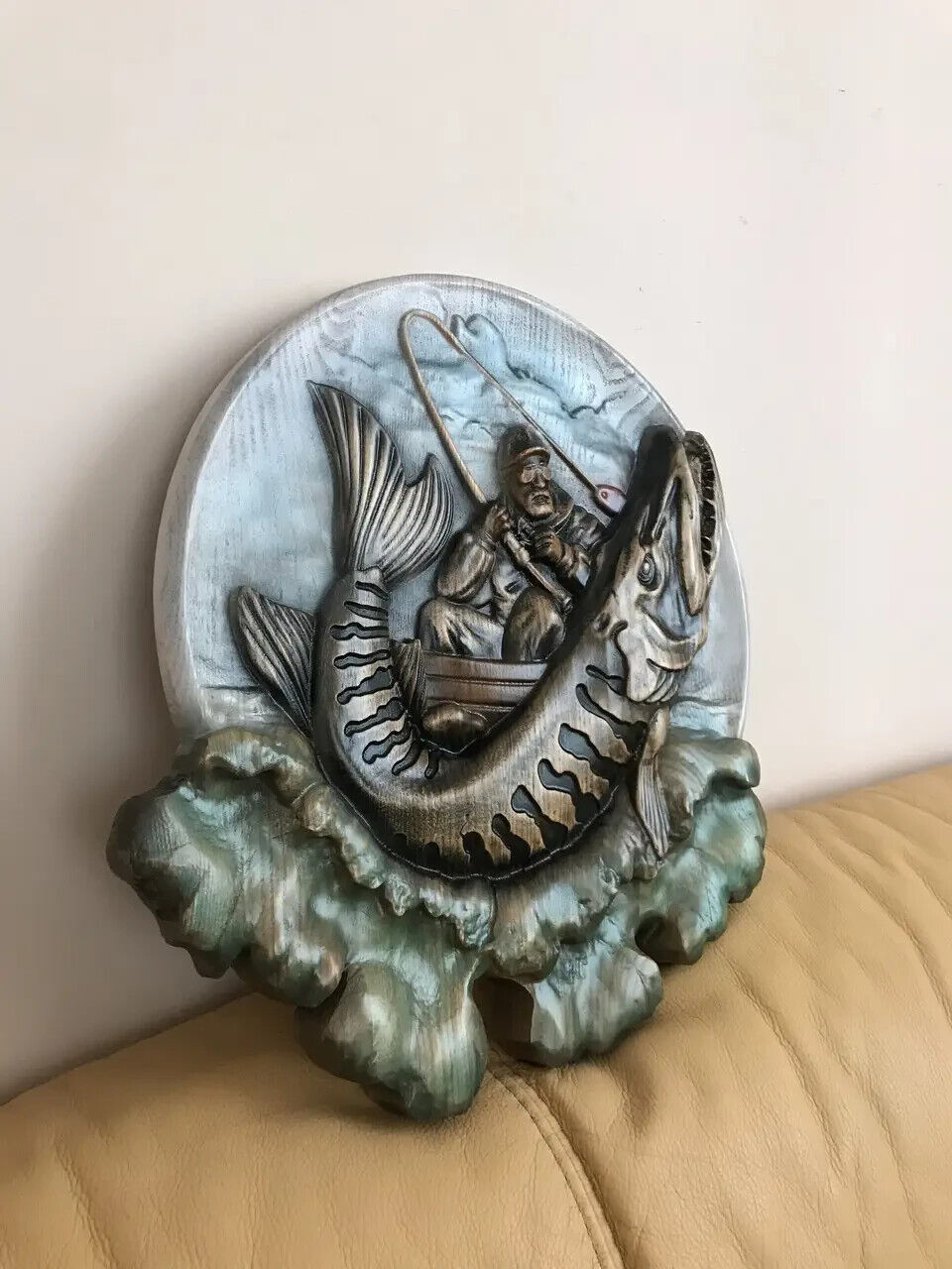 Fishing Fish Pike Large Wood Carving Picture 3D Handmade Gift Panno Wall Decor