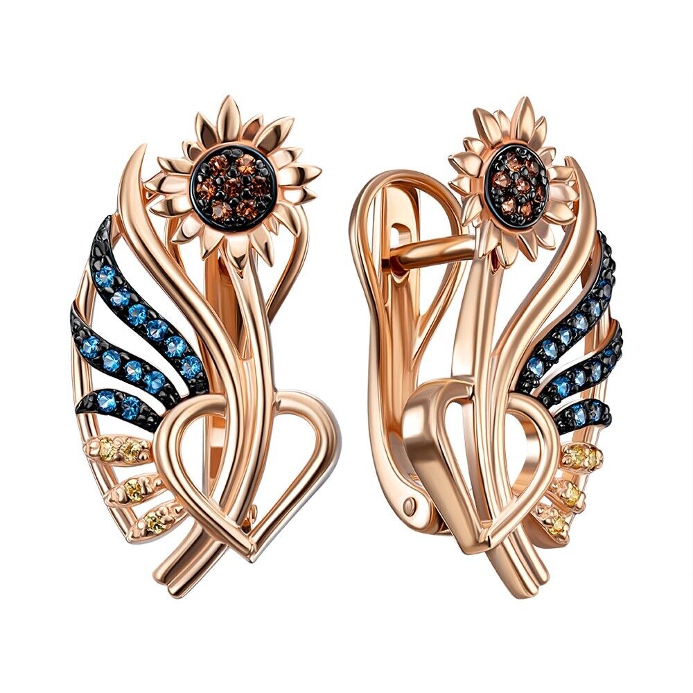 New Earrings Top Flowers Heart Beauty Sunflower Ukrainian Jewelry 14k gold (585)