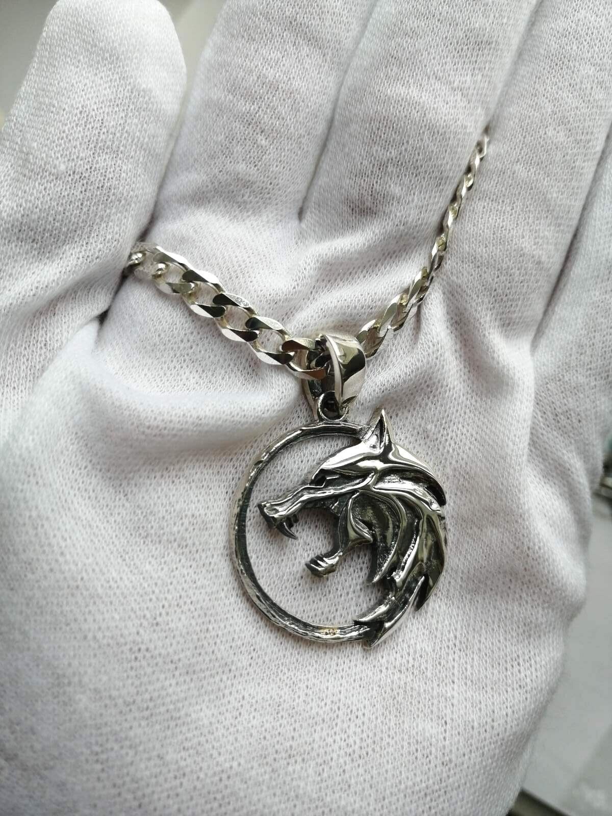 9 gr Men's Witcher White Wolf Animal Medallion Necklace Pendant Silver 925 New