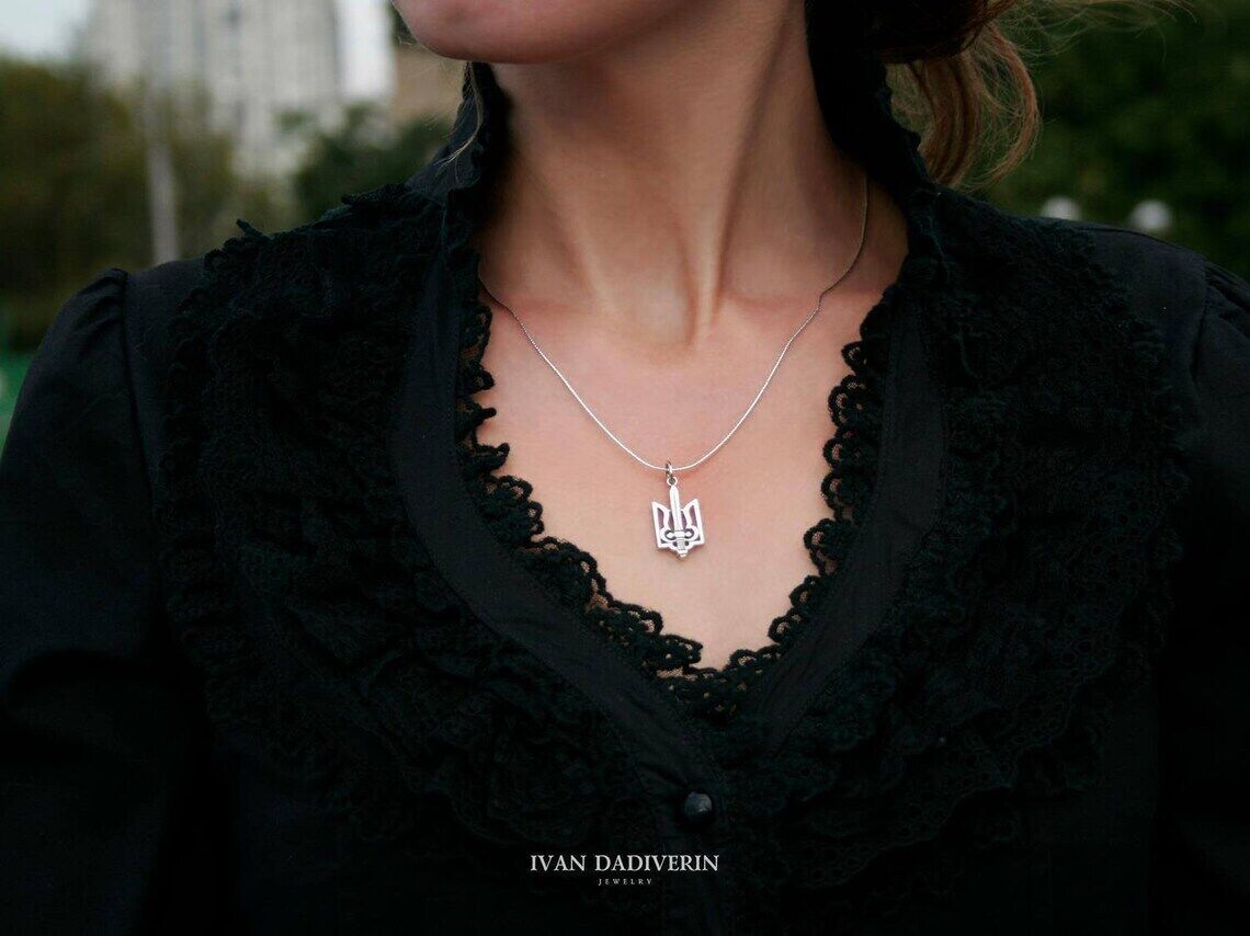 Sword Tryzub Silver Pendant Ukrainian Trident Necklace Sterling Cord Silver 925