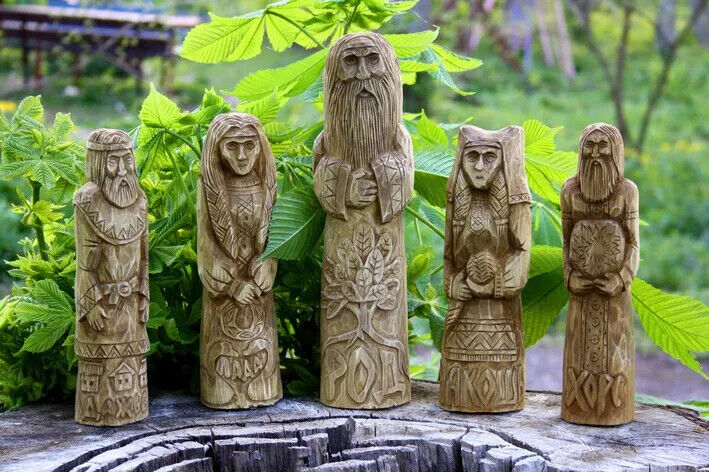 10" Dazhbog Lada Rod Makosh Khors Statue Slavic God Carved Figure Wood Handmade
