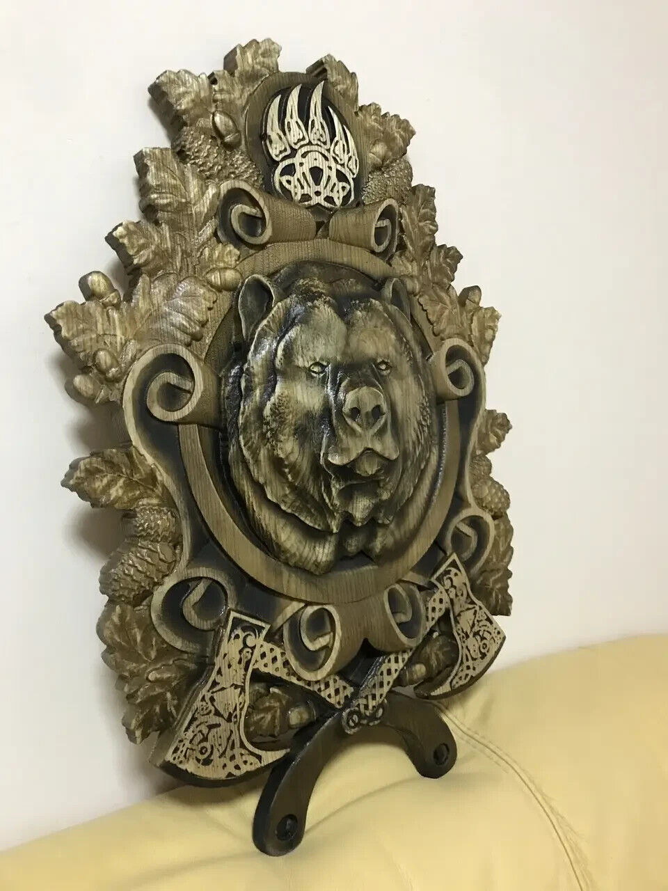 Bear Hunting Large Wood Carving Picture Gun 3D Art Work Gift Panno Wall Decor