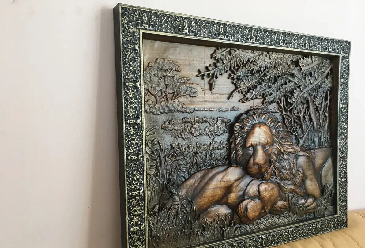 Lion Hunting Large Wood Carving Picture Gun 3D Handmade Gift Panno Wall Decor