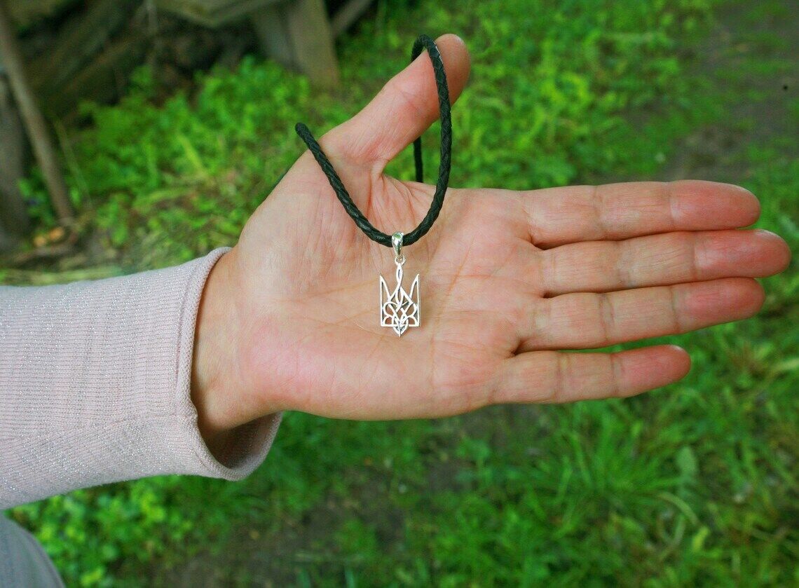 Women Tryzub Silver Pendant Ukrainian Trident Necklace Sterling Cord Silver 925