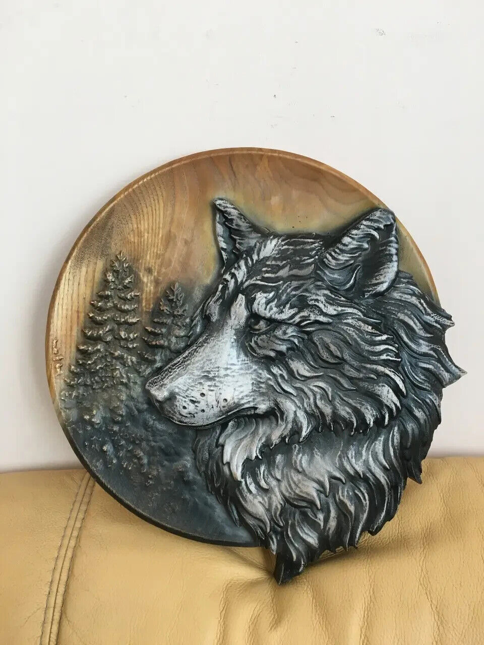 Wolf Large Wood Carving Picture 3D Handmade Gift Panno Wall Decor