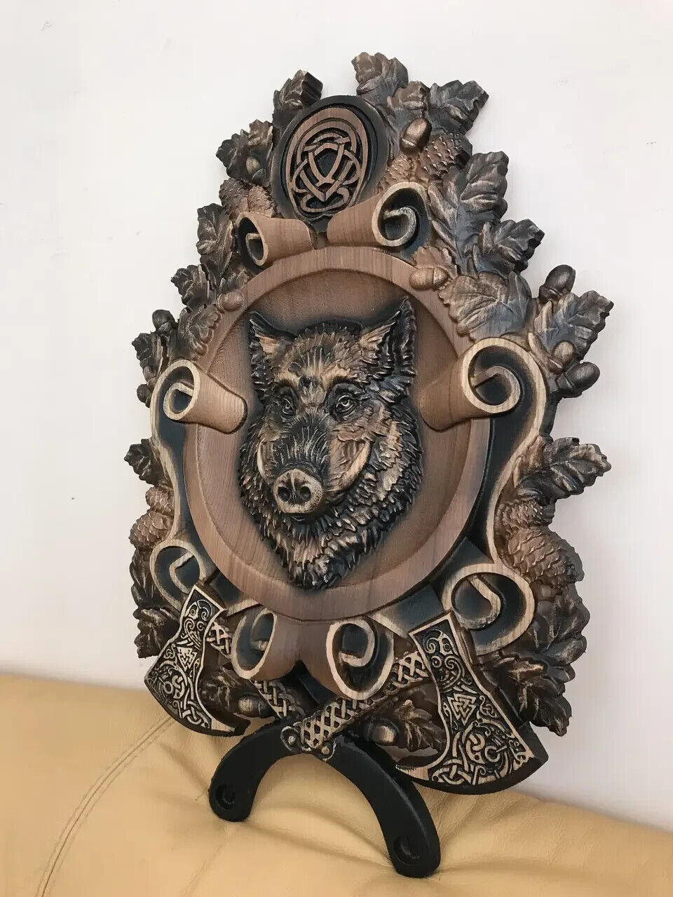 Wild Boar Hunting Wood Carving Picture Gun 3D Art Work Gift Panno Wall Decor