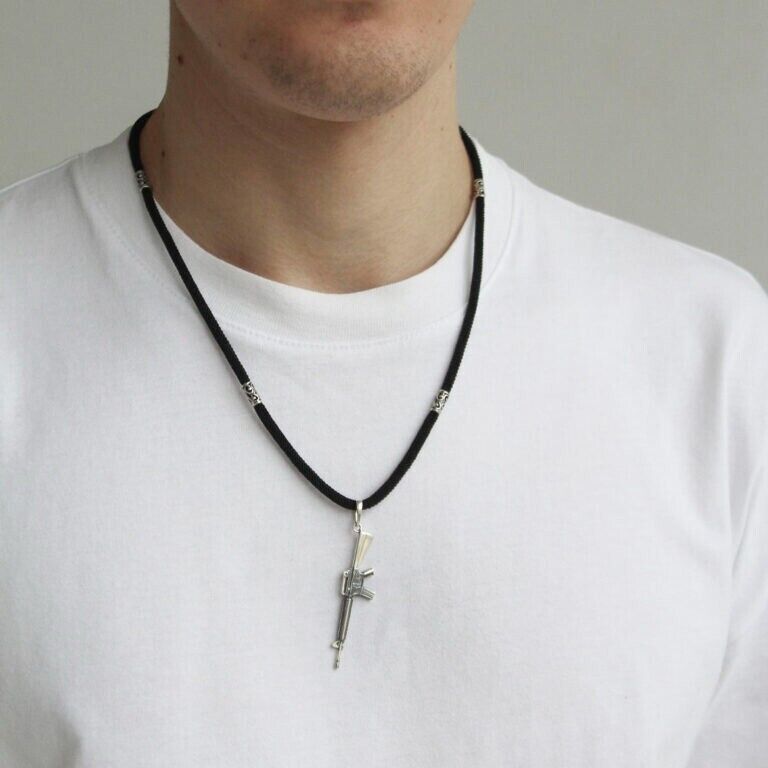 Machine Gun M16 Silver 925 Pendant Necklace Military Excellent Charm