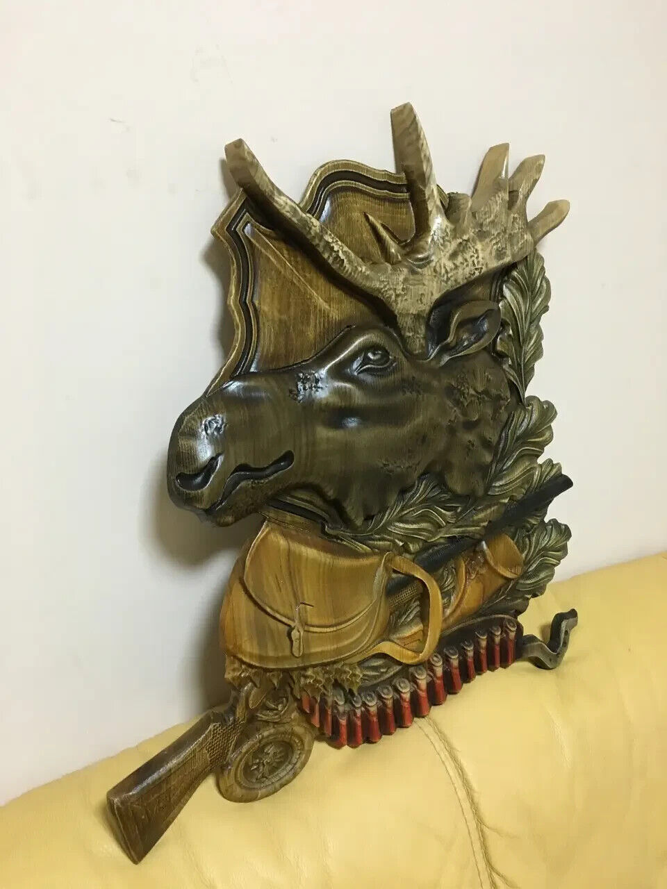 Elk Hunting Large Wood Carving Picture Gun 3D Handmade Gift Panno Wall Decor