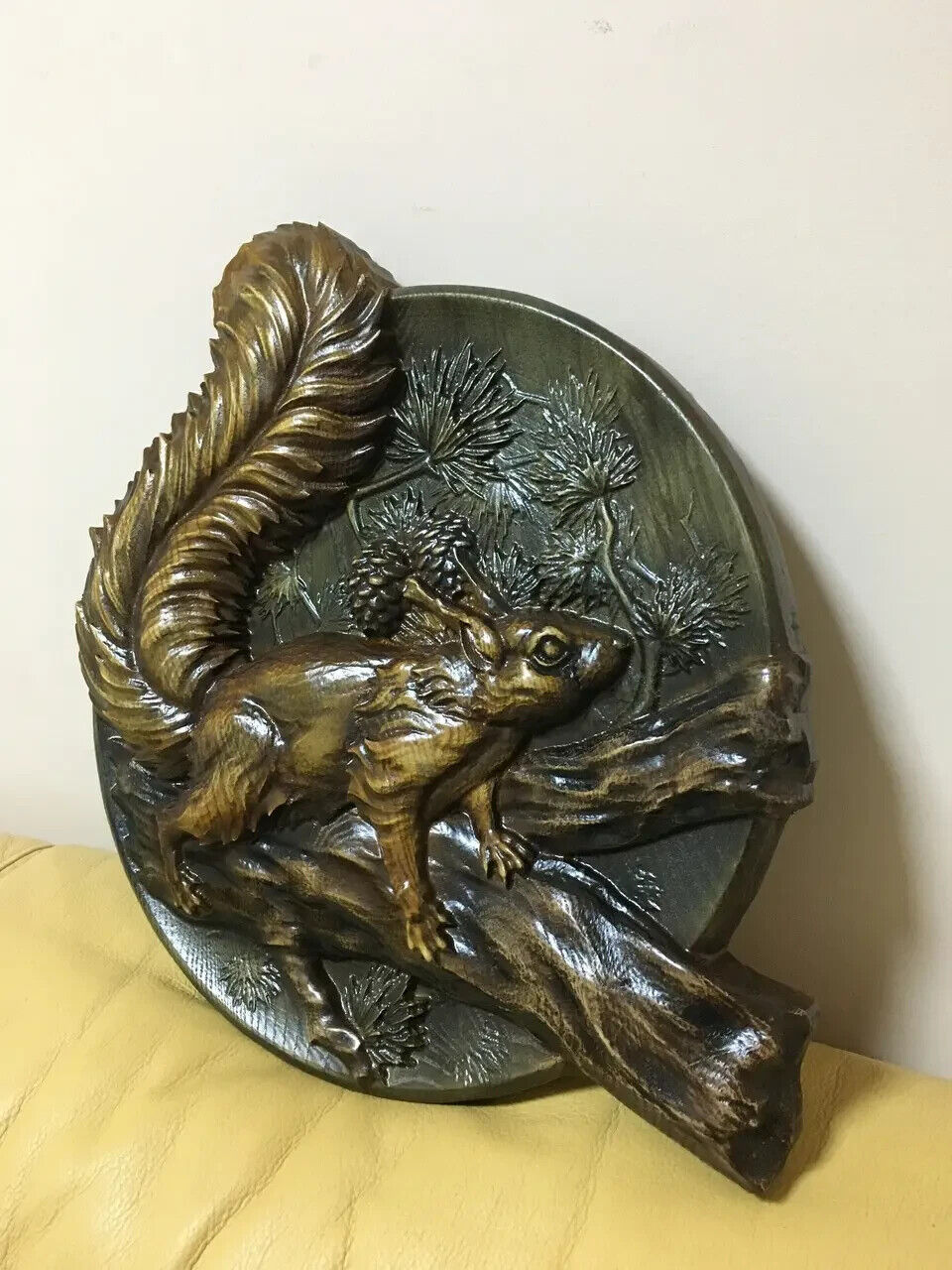 Squirrel Large Wood Carving Picture 3D Handmade Gift Panno Wall Decor