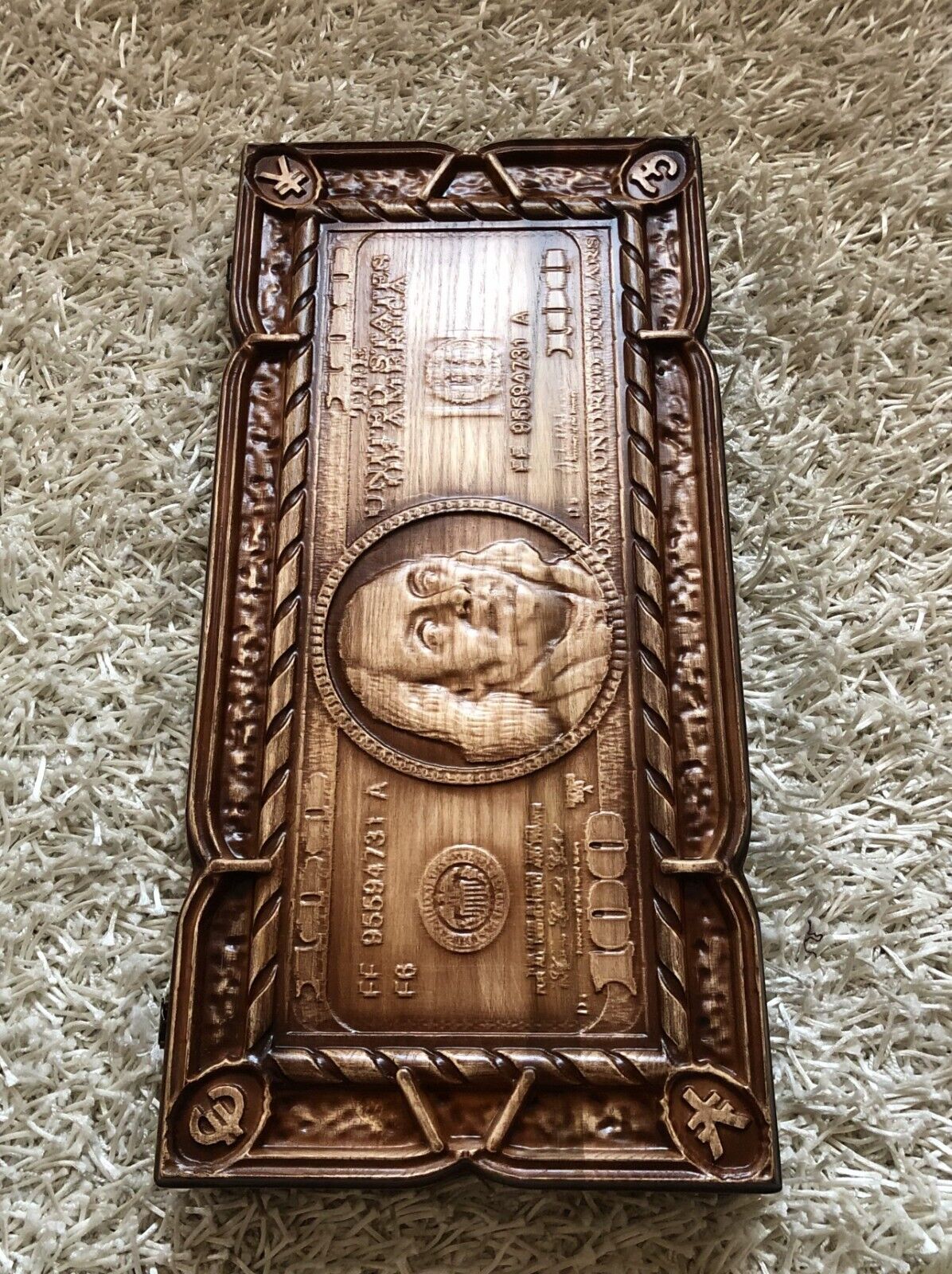 Artwork Backgammon "100 Dollars Benjamin Franklin" – Handcrafted Wooden Backgammon Set (58x28cm / 22.8x11 inches)
