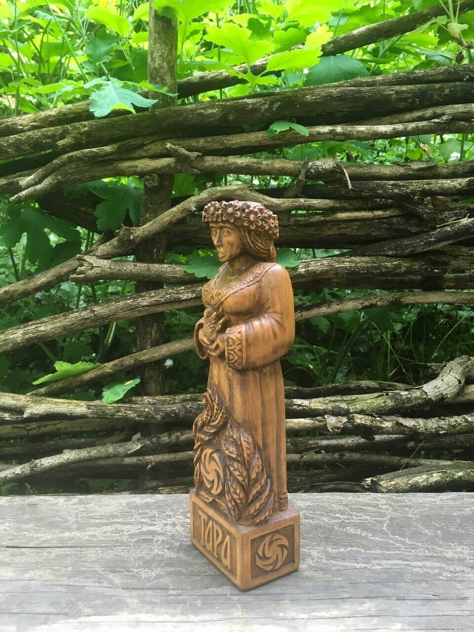 Tara Statue Slavic God Wooden Carved Figure Wood Handmade Decor Height 10in