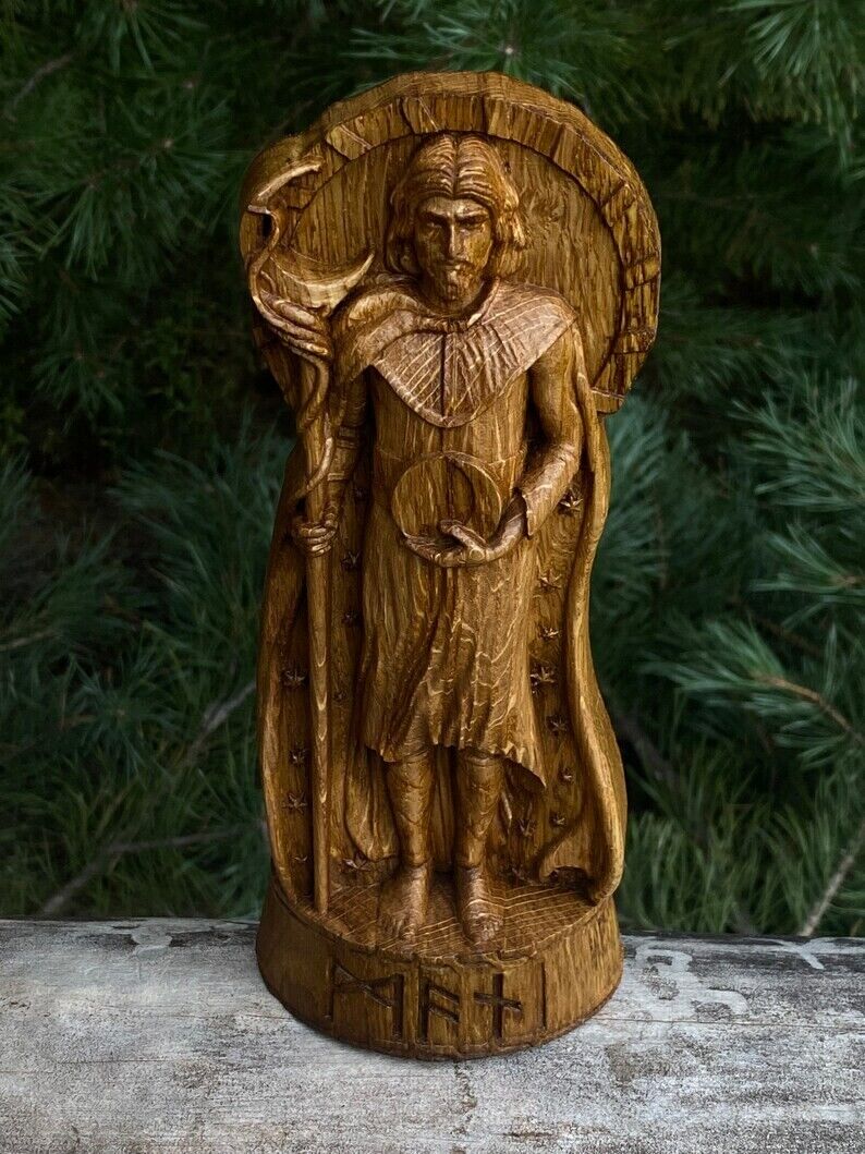 Mani God viking Wood carved statue Pagan paganism Altar sculpture pantheon Gift