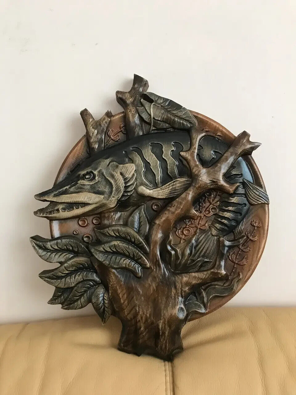 Fishing Fish Pike Large Wood Carving Picture 3D Handmade Gift Panno Wall Decor