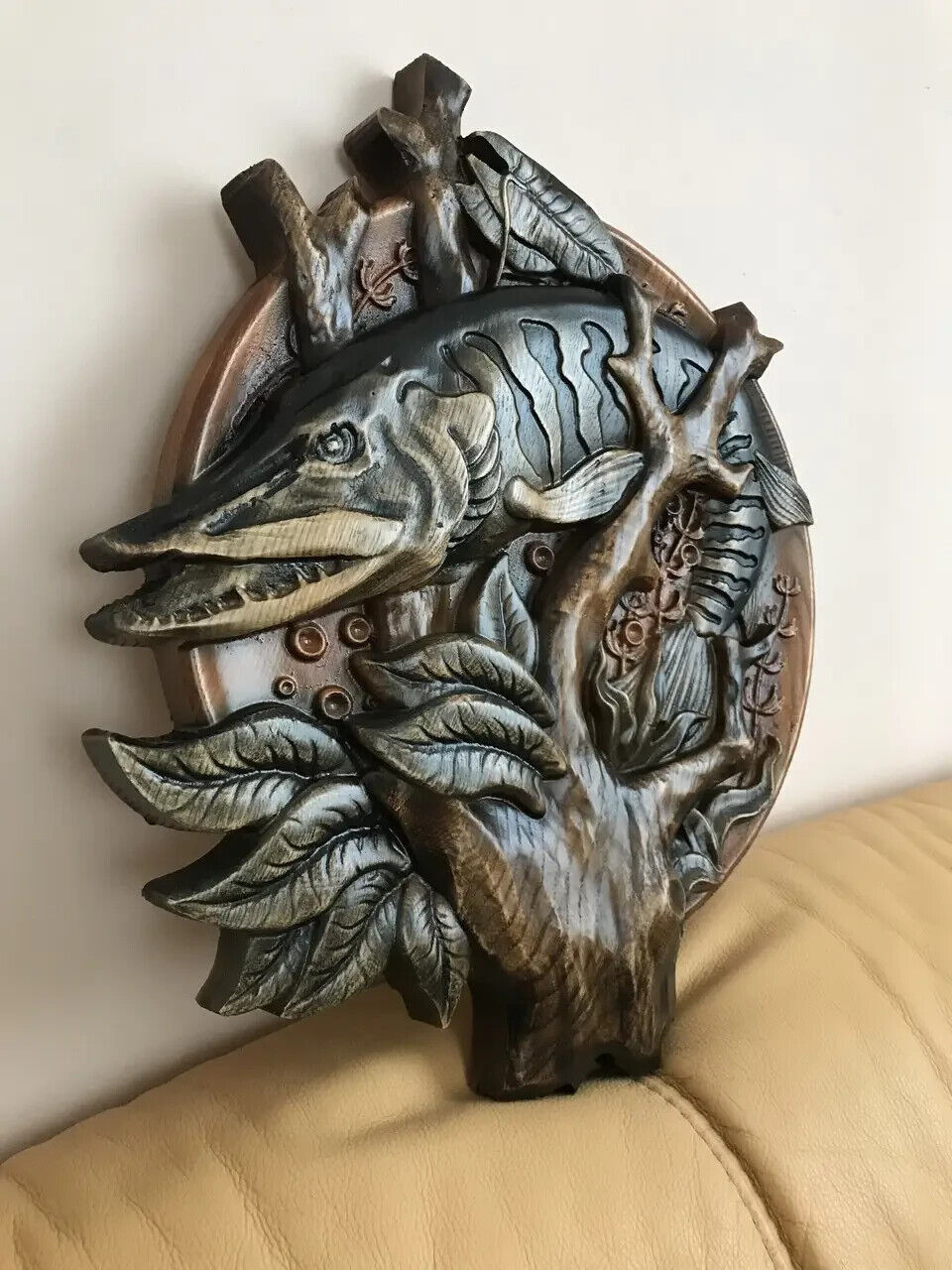 Fishing Fish Pike Large Wood Carving Picture 3D Handmade Gift Panno Wall Decor