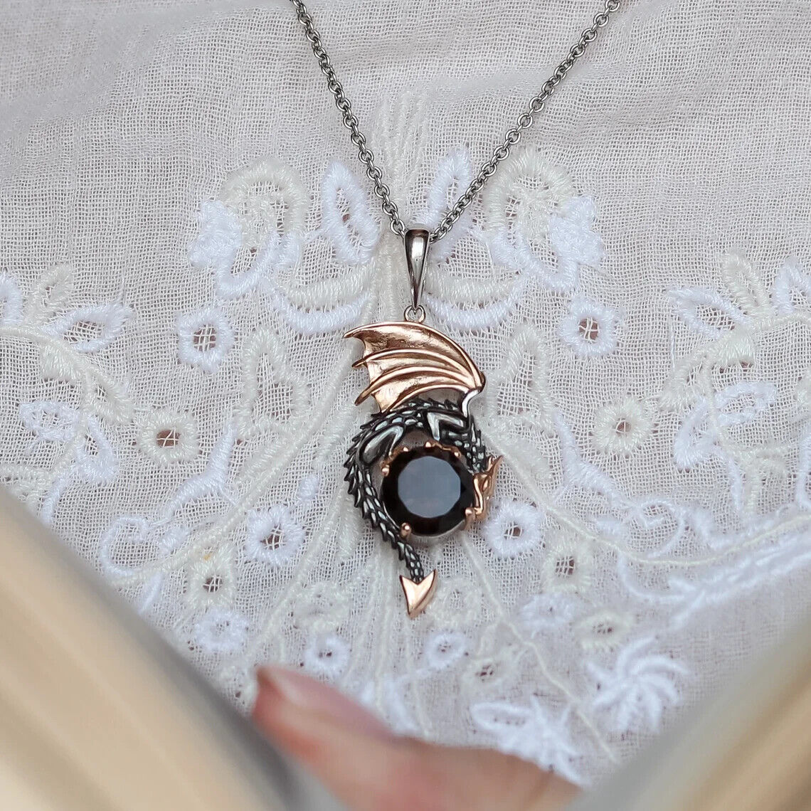 Dragon Smoky Quartz Fantasy Necklace Pendant Charm Sterling Silver 925