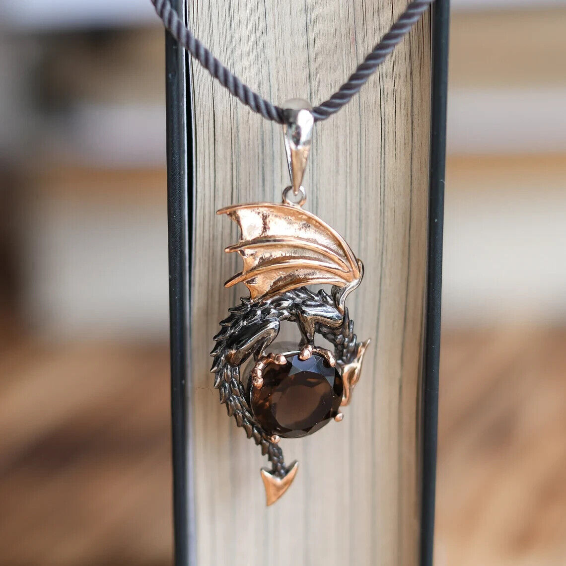 Dragon Smoky Quartz Fantasy Necklace Pendant Charm Sterling Silver 925