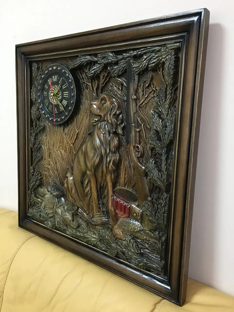 Dog Hunting Clock Wood Carving Picture Gun 3D Handmade Gift Panno Wall Decor