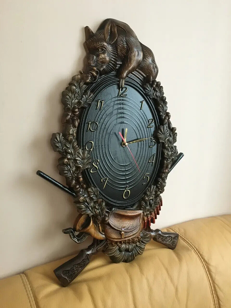 Boar Hunting Clock Wood Carving Picture Gun 3D Art Work Gift Panno Wall Decor