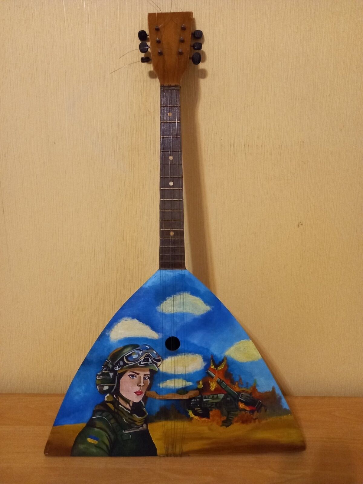 Balalayka Folk Instrument USSR Soviet Balalaika Hand Painted War Destroyed Tank