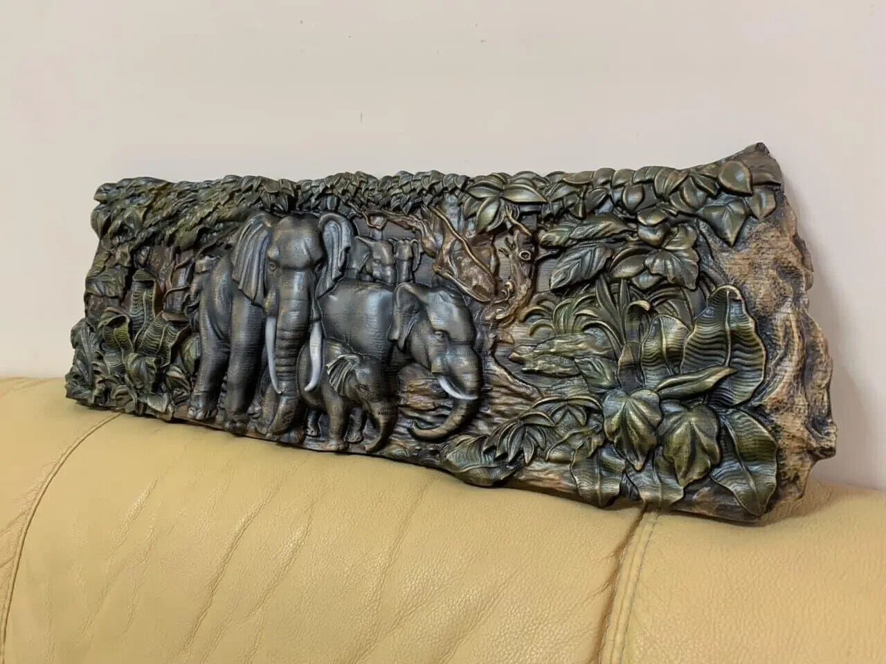 Elephants Large Wood Carving Picture 3D Handmade Gift Panno Wall Decor