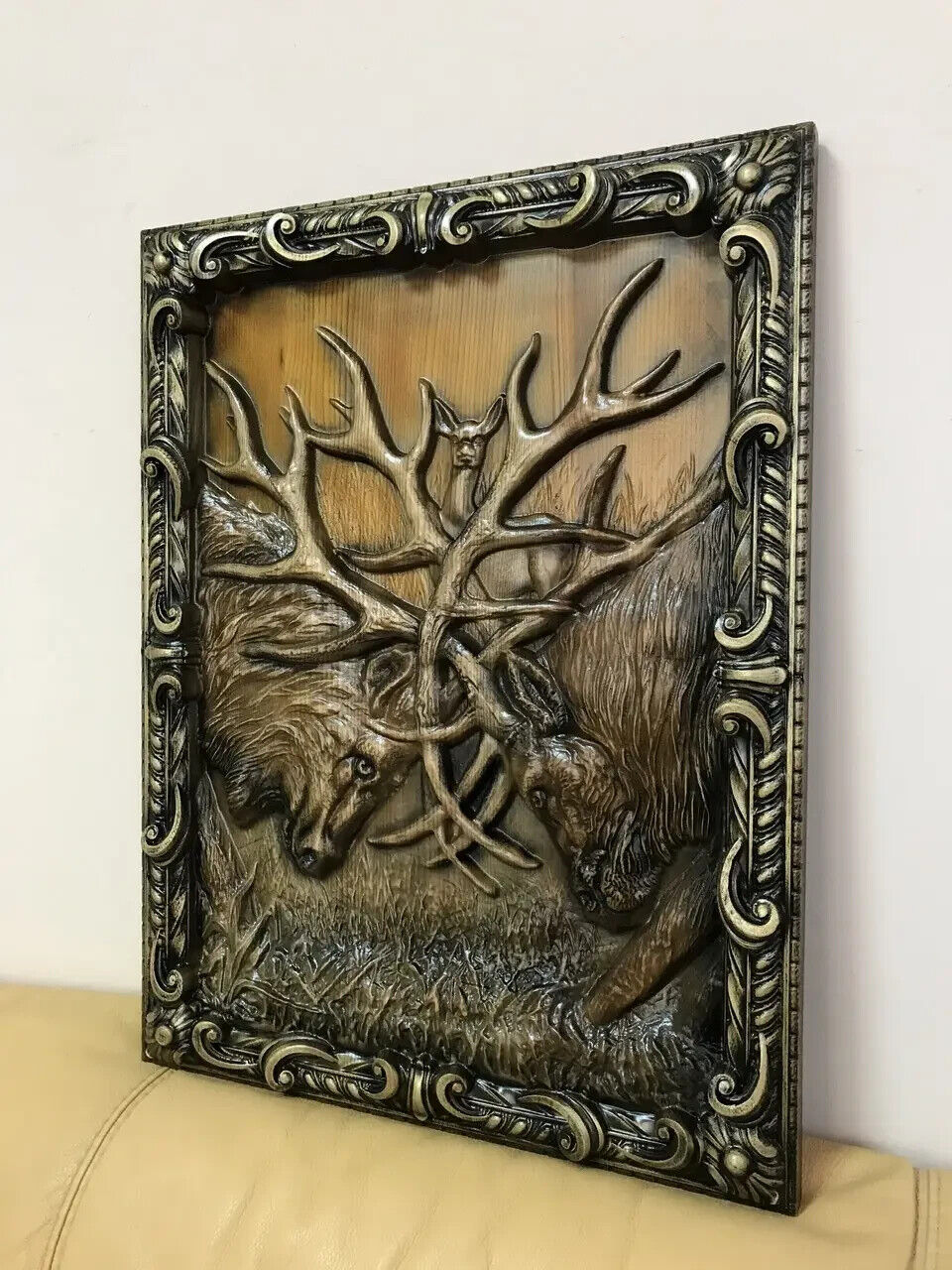 Deer Hunting Large Wood Carving Picture Gun 3D Art Work Gift Panno Wall Decor