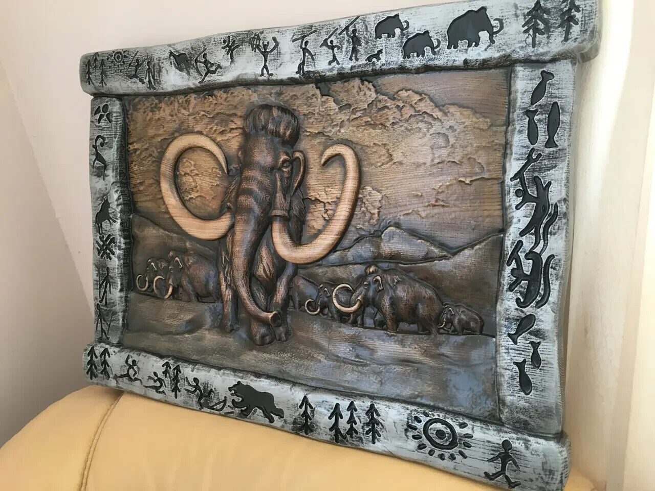 Mammoth Large Wood Carving Picture 3D Handmade Gift Panno Wall Decor