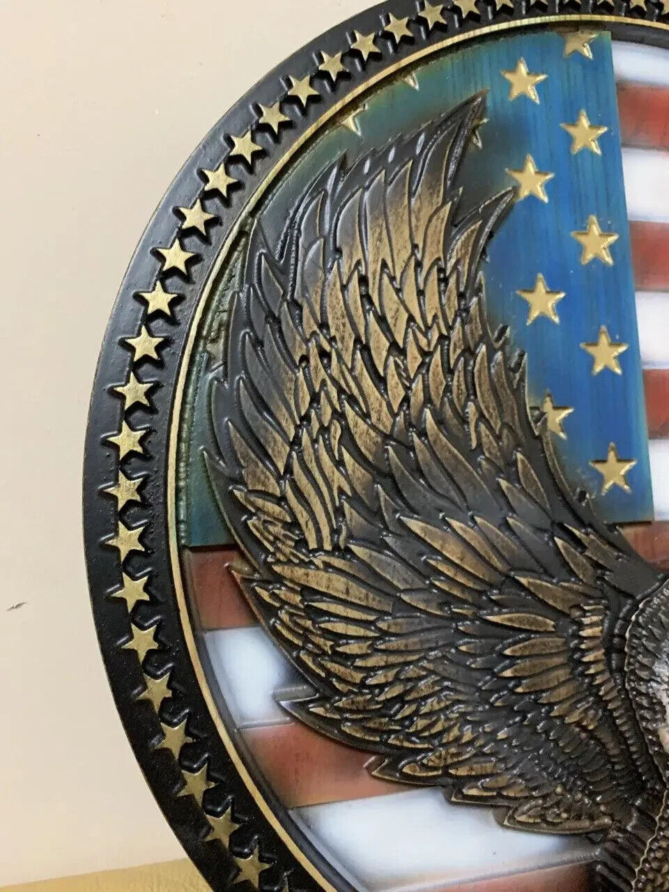 USA Flag Eagle Large Wood Carving Picture 3D Handmade Gift Panno Wall Decor