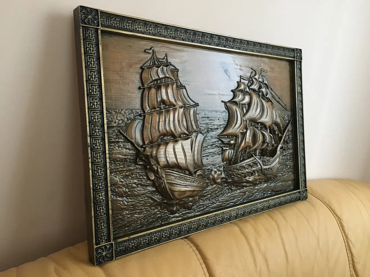Frigate Ships Large Wood Carving Picture Sea 3D Handmade Gift Panno Wall Decor