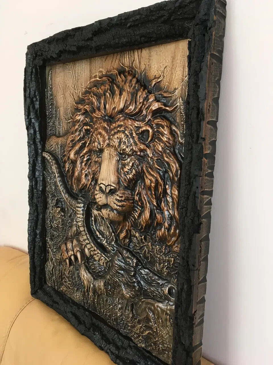 Lion Hunting Large Wood Carving Picture Gun 3D Handmade Gift Panno Wall Decor