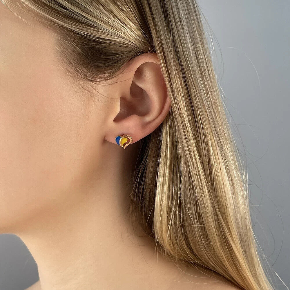 Women Earrings Ukrainian Flag Ukraine Heart Jewelry Charm Gift 14k gold (585)