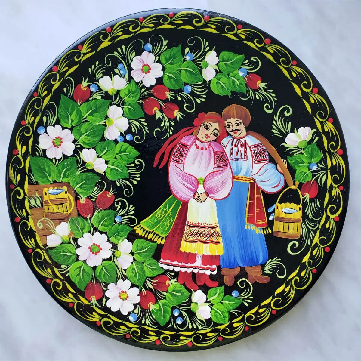 Decorative Plate Petrikovskaya painting Hand-painted Ukraine Wood (MDF)