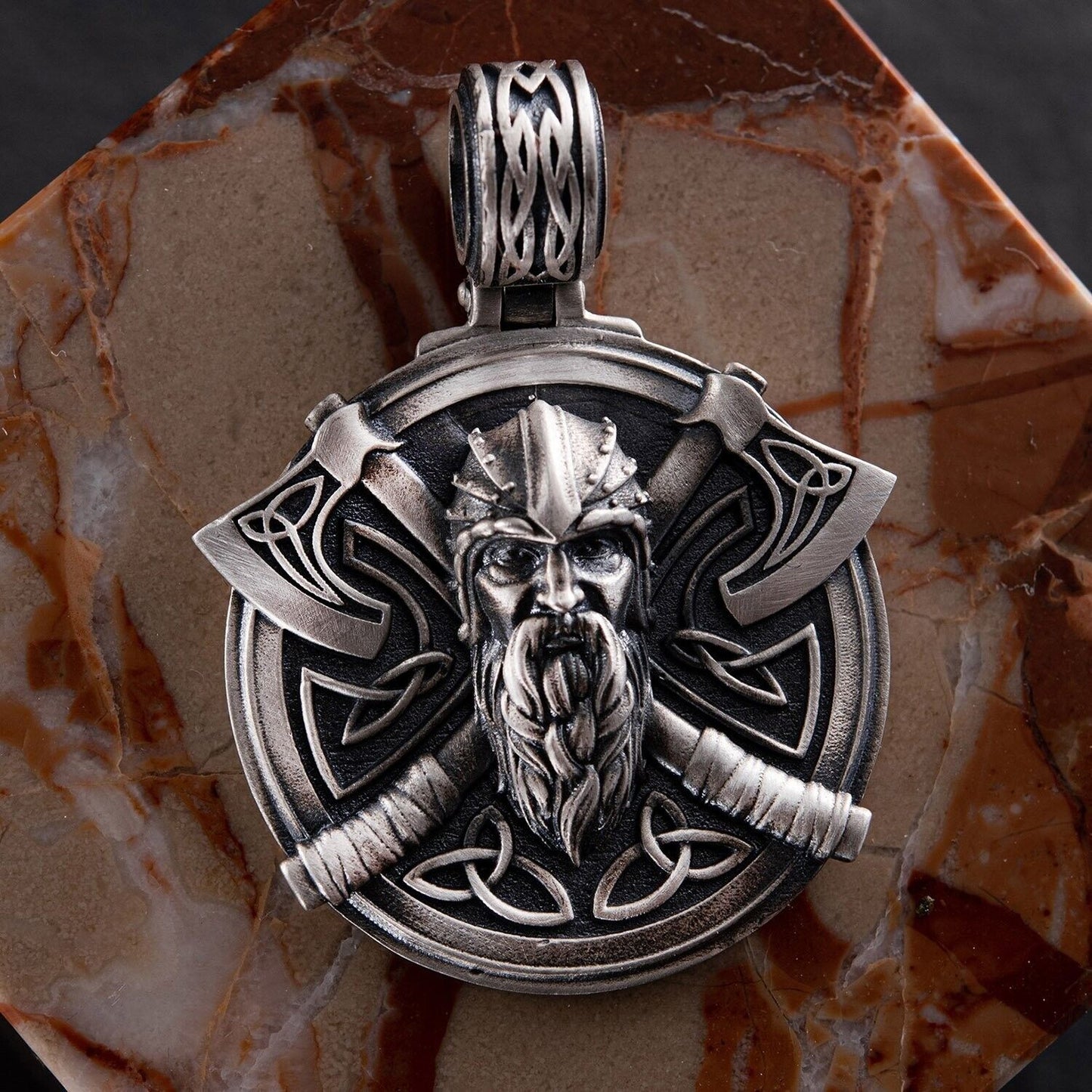 Viking with Axes Silver 925 Pendant Necklace Ax Style Excellent